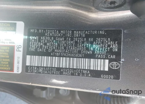 2017 Toyota Camry Le z USA, uszkodzony, nr VIN 4T1BF1FK2HU658361